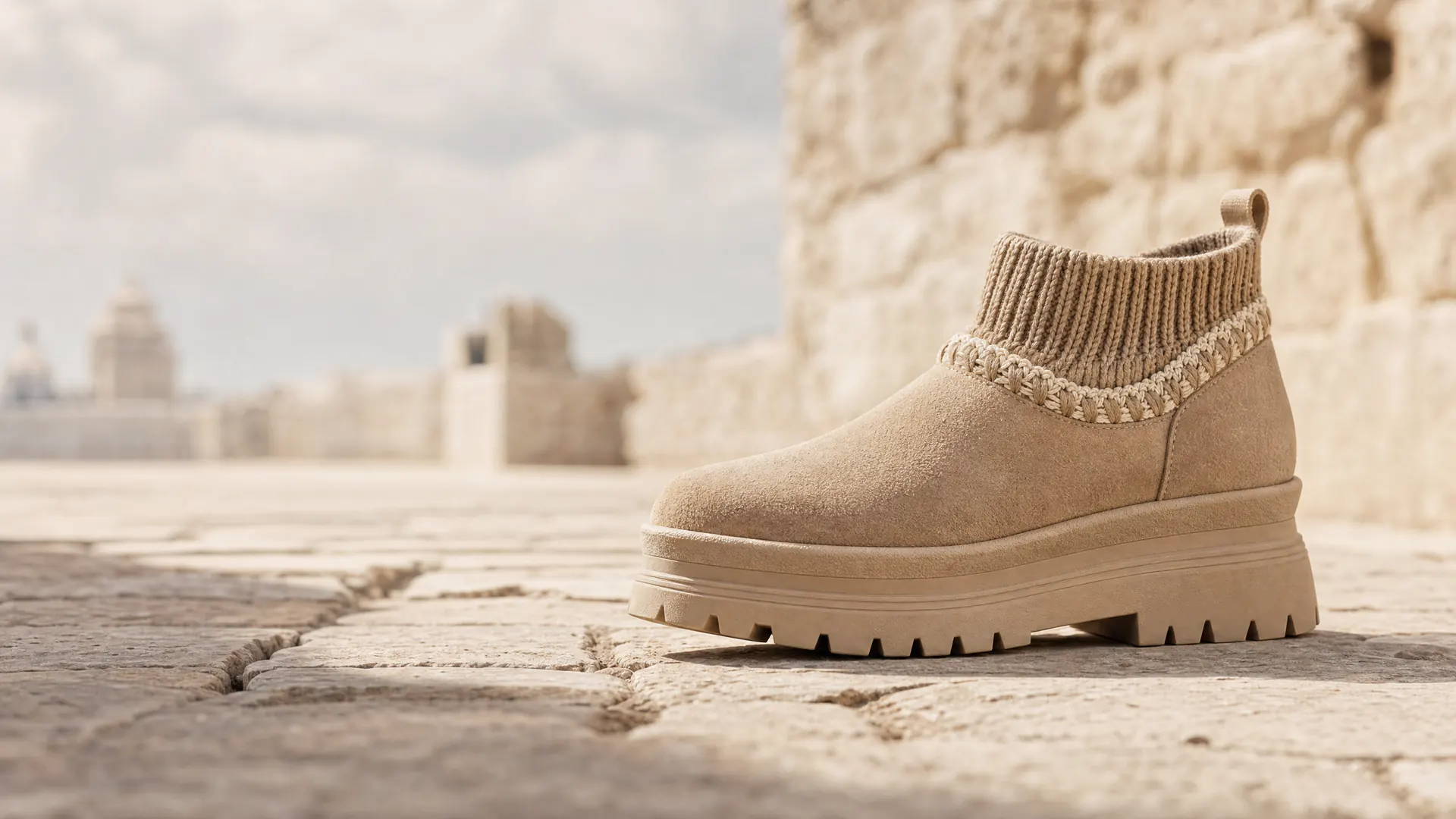 Модель Tazz Platform Knit Sand в светлой городской сцене